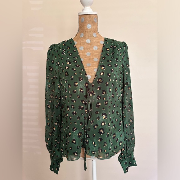 ASOS Never Fully Dressed Front Tie Balloon Sleeve Green Blouse - Picture 1 of 8